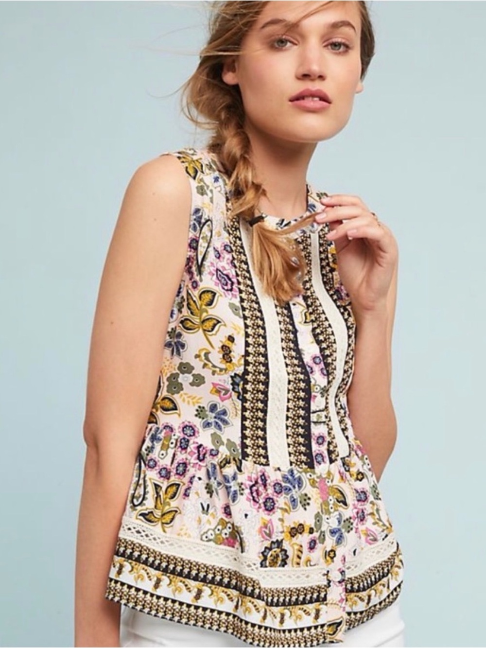 Anthropologie Sleeveless Floral Button-Front Peplum Top - White Multi